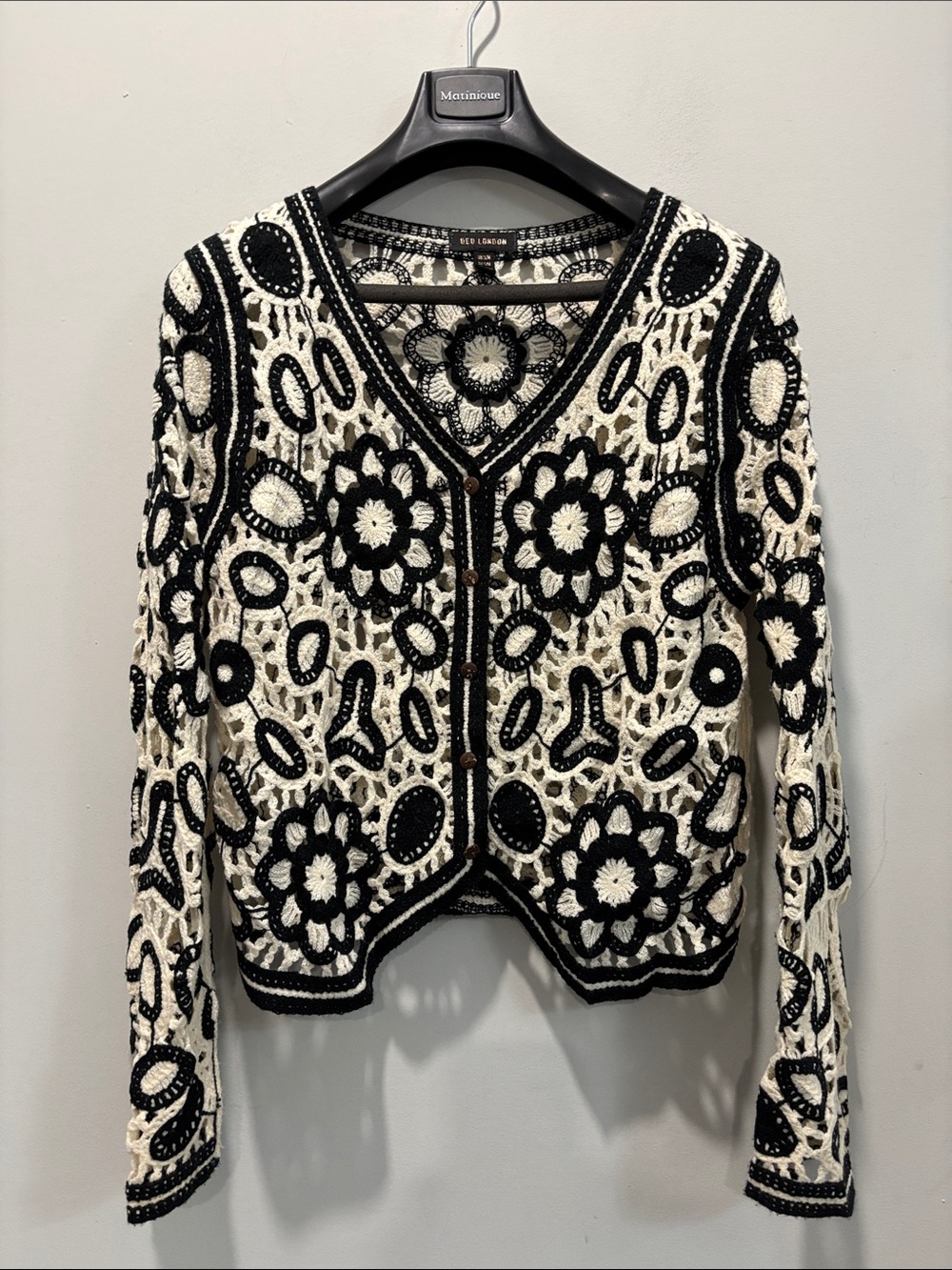 Crochet Cardigan Black Cream Floral Boho Festival S/M Sweater - Picture 4 of 14